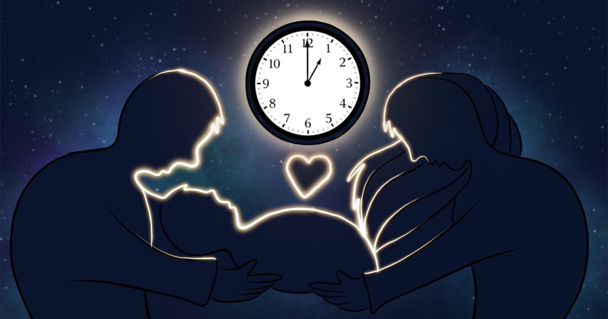 A newborn baby’s hand held by the parents – abstract blue-toned illustration